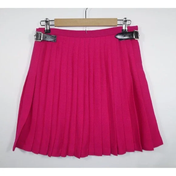 Pink Scottish Kilt Women's Size 12 Wool Mini Leather Buckles Crepe Punk Pleats - Picture 2 of 12